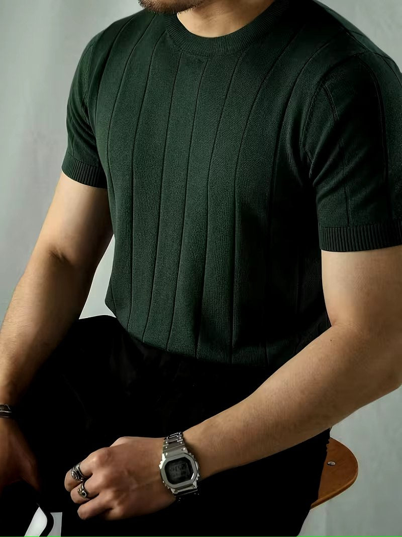 Men’s Black Textured Knit T-Shirt – Premium Casual Crew Neck Summer Shirt