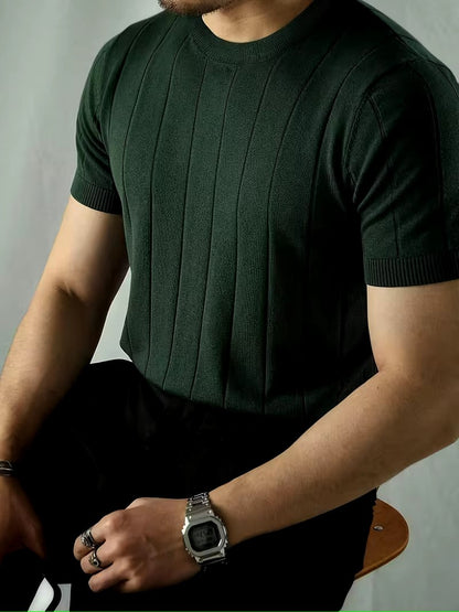 Men’s Black Textured Knit T-Shirt – Premium Casual Crew Neck Summer Shirt