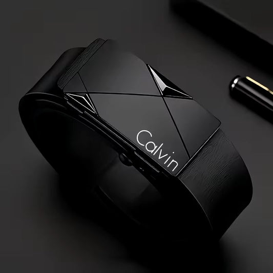Calvin Klein Black Belt – Geometric Buckle Designer Accessory - ayq
