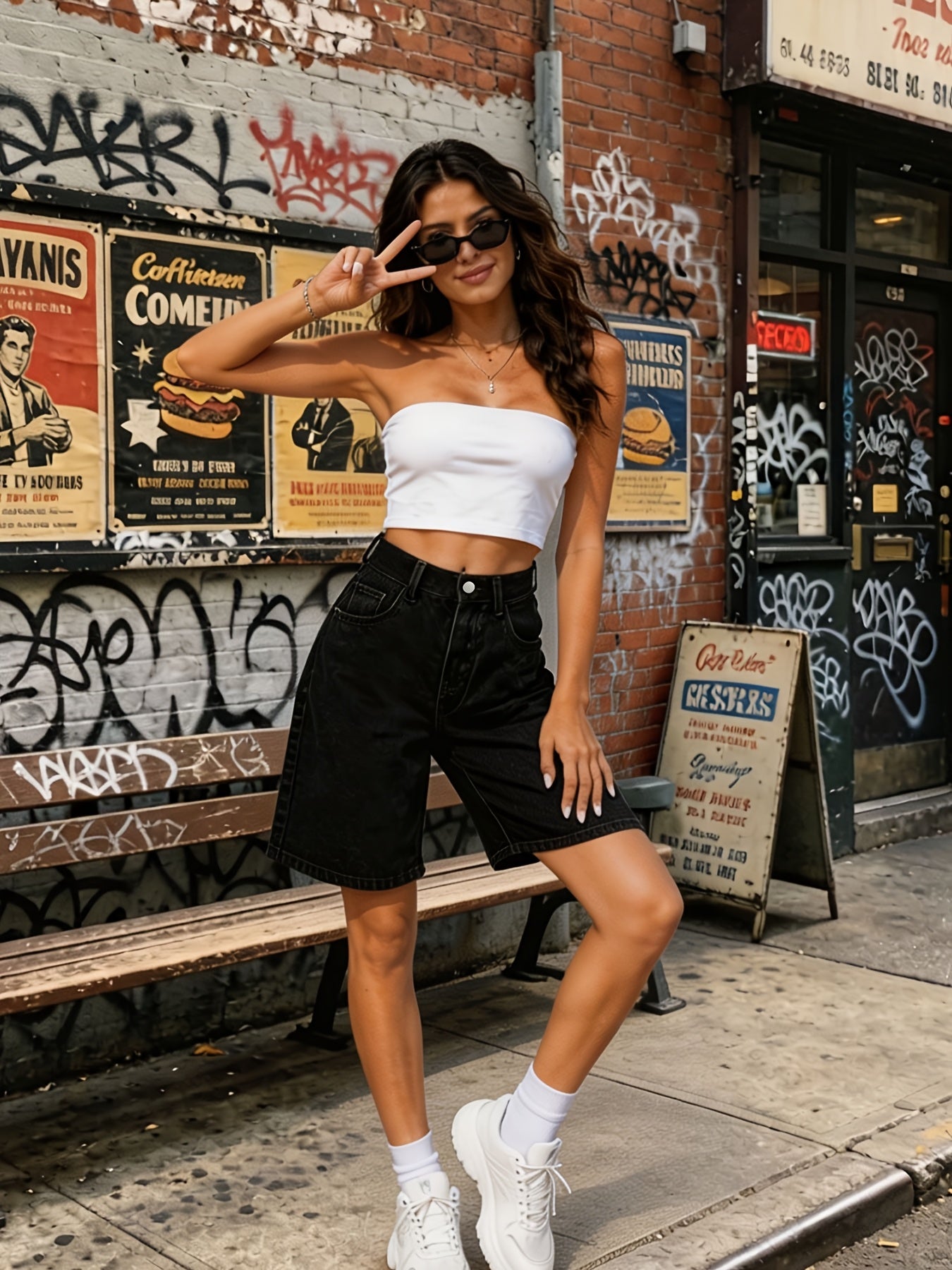 Women's High-Waist Black Denim Shorts with Pockets, Casual Wide-Leg Su